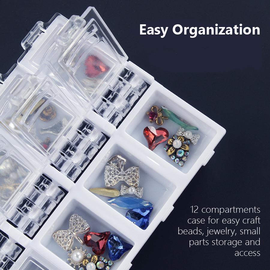 2 Stück 12 Fächer Nail Art Aufbewahrungsbox, Strasssteine Organizer, Einzelne Fächer Schmuckbox für Nagelanhänger Trockenblumen Nagelwerkzeuge