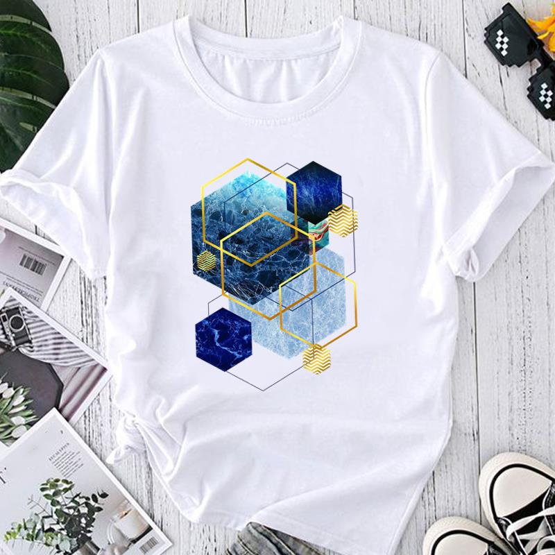 T-shirt estiva casual da donna con stampa floreale astratta geometrica