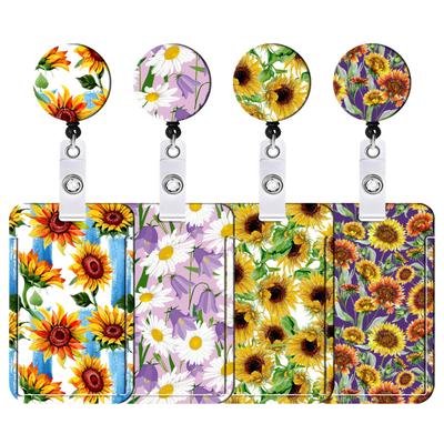 Fashionable ID  Badge  Holder  Set Colorful Floral Sunflower Printing Lanyard ID Card Sleeve With