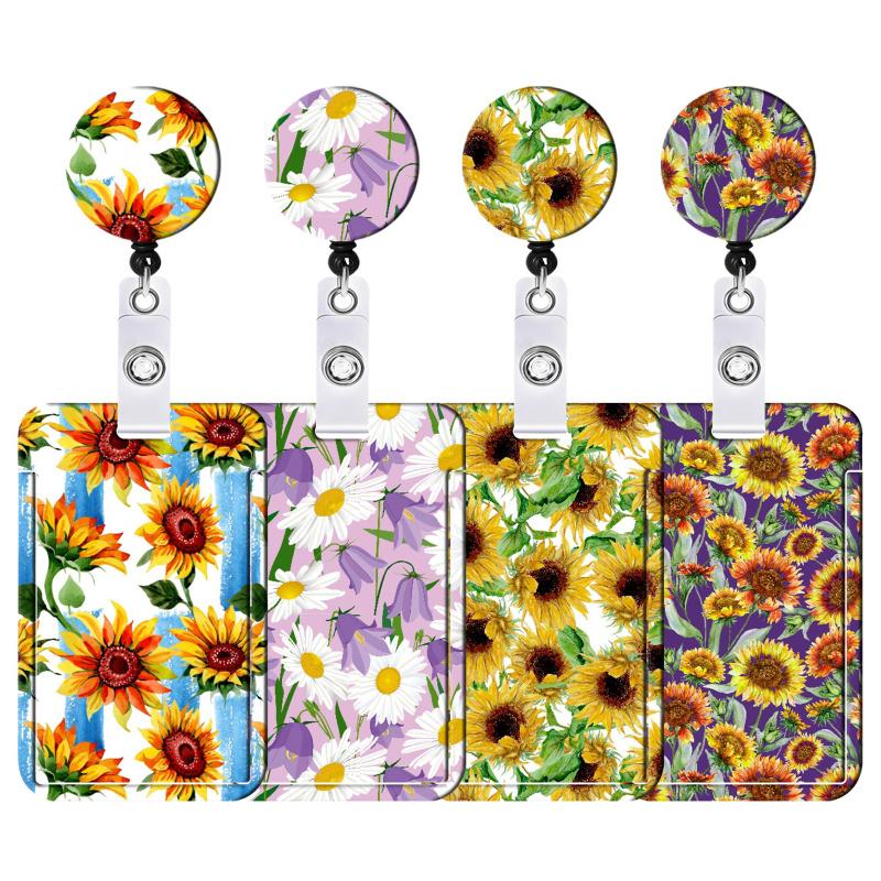 Fashionable ID Badge Holder Set Colorful Floral Sunflower Printing Lanyard ID Card Sleeve With