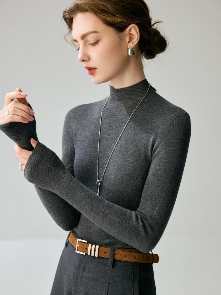 Women's Slim-Fit Wool High-Neck Sweater - Solid Color, Long Sleeve, Autumn/Winter Style