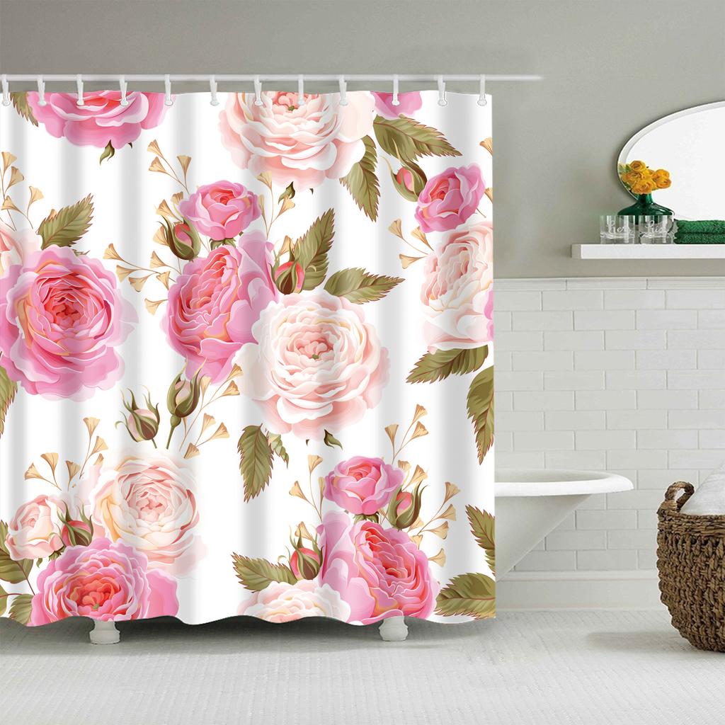 Garden Flower Shower Curtain Botanical Floral Printed Bathroom Curtain Polyester Fabric Home Decor Bathtub Screen with Hooks