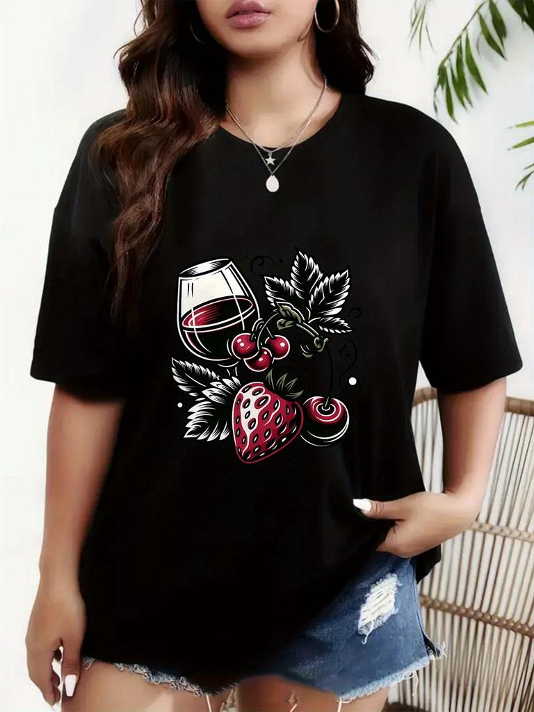 WomenS Stylish Black TShirt with Wine Fruit Print Comfortable and Breathable Round Neck Sleeve Casual Wear Aesthetic Clothes