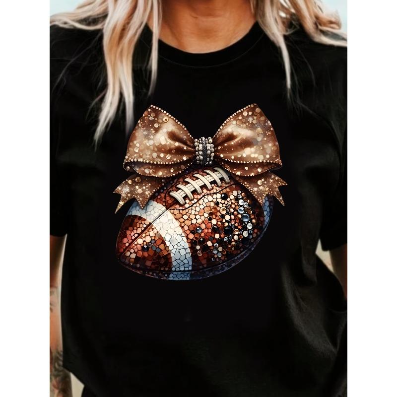 

European Size Women S Short-Sleeve T-Shirt with a Circular Directional Design Featuring Patterns of Soccer, Baseball, Football, And Bows. 4XL чорний