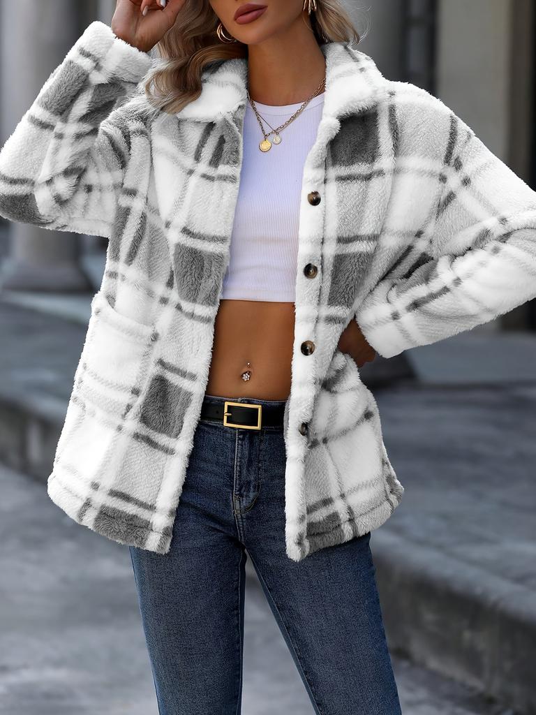 Women'S Plaid Check Faux Fur Coat with Double Pockets - Stylish Fall/Winter Outerwear, Button-Up, Fall Winter Coat | Check Pattern Coat