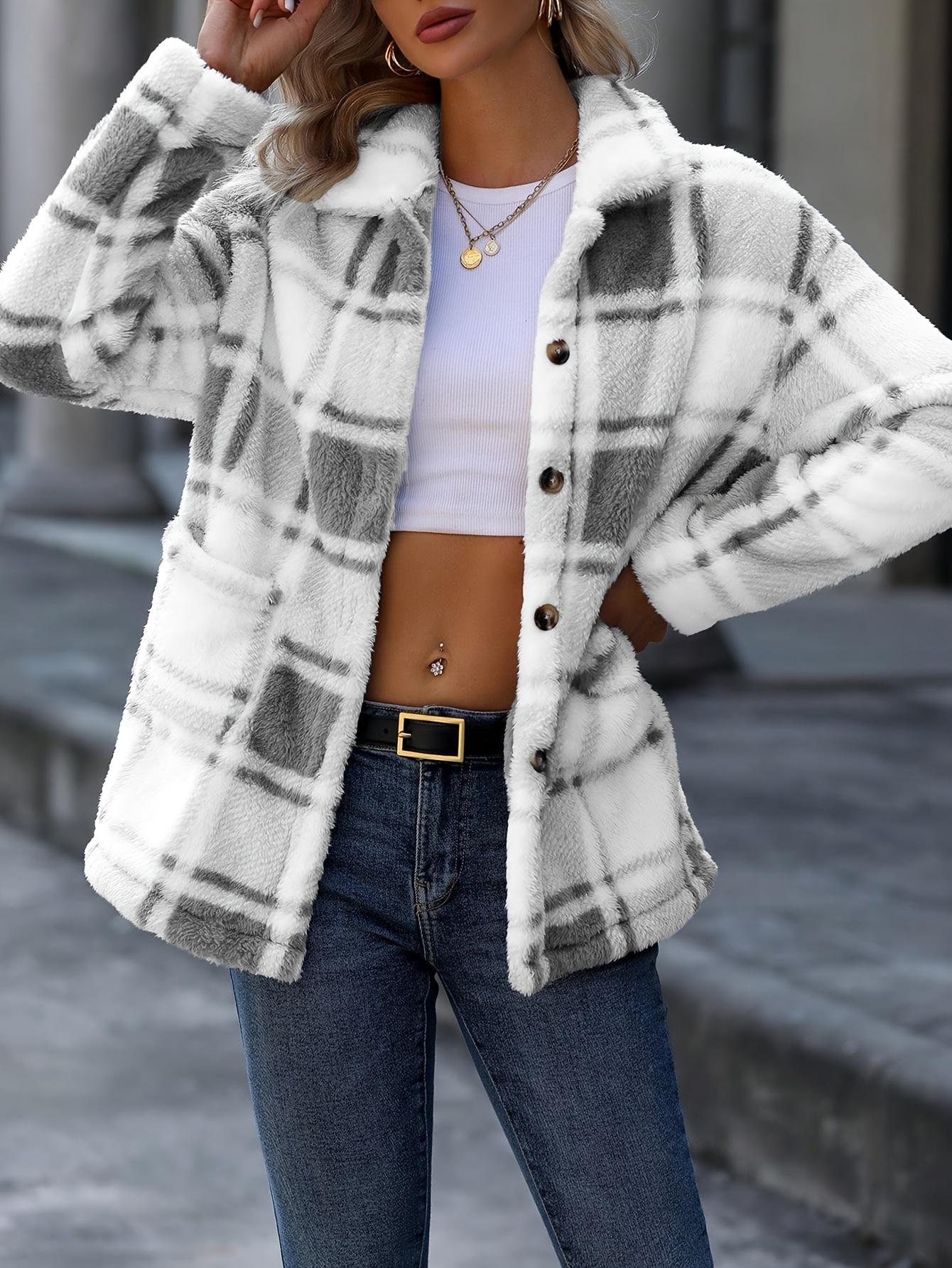 

Женское пальто из искусственного меха в клетку с двойными карманами - Стильная осенне-зимняя верхняя одежда, на пуговицах, осенне-зимнее пальто | Пальто с клетчатым узором XL серый