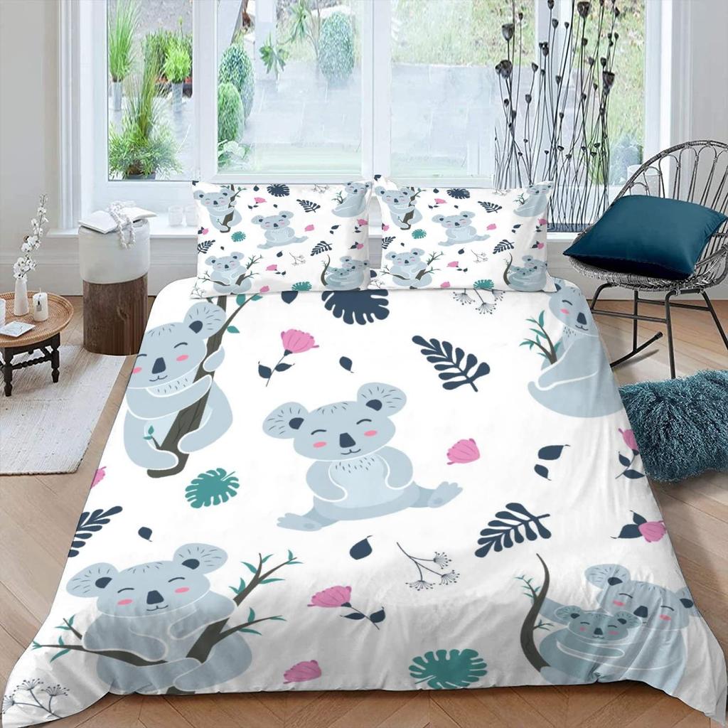 Cute Elephant Koala Duvet Cover Set Cartoon Animals Bedding Set Australia Tree Bear Quilt Cover Twin King for Kids Boys Girls