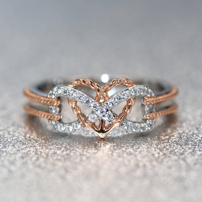 Elegant Rose Gold Two-tone Heart Cross Ring For Fashionable Young Women