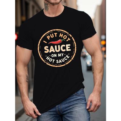 European Sizes Men's Plus Size Summer Casual T-Shirt with Hot Sauce Graphic, Crew Neck, Short Sleeve, Slight Stretch