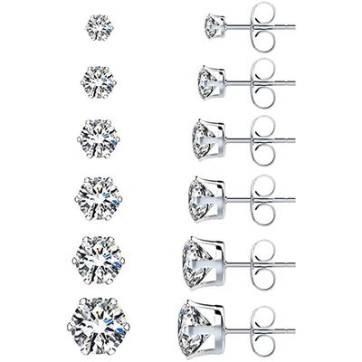 6-Pair Set Silver Round CZ Stud Earrings Multi-Size 4-9mm Four-Prong Crystal Studs Women Classic Everyday Jewelry