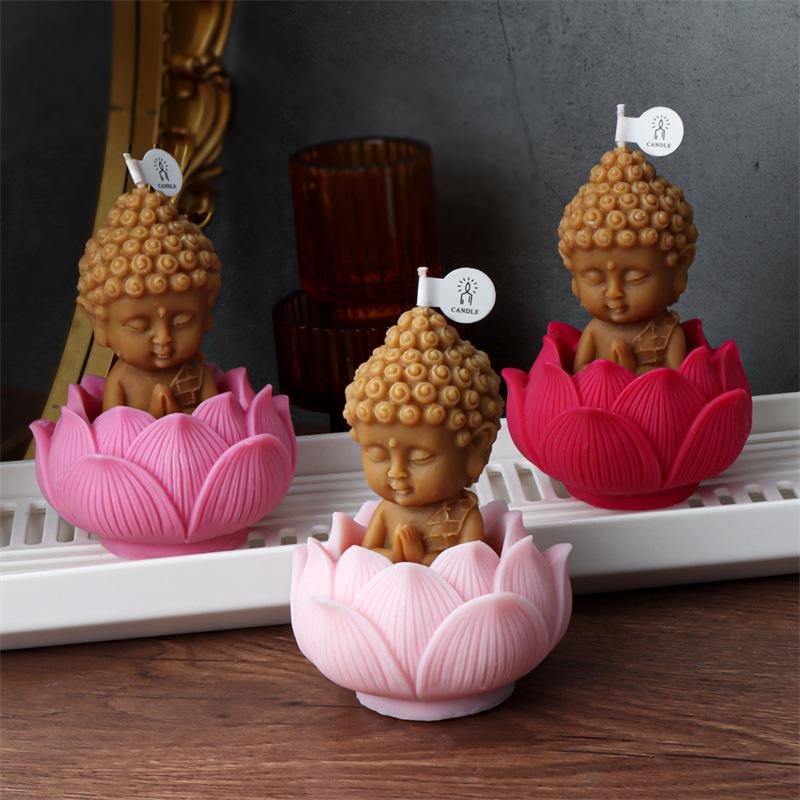 Lotus Candlestick Silicone Mold 3D Buddha Statue Shape Candle Mold Aromatherapy Gypsum Mold Concrete Plush Flower Pot Mold