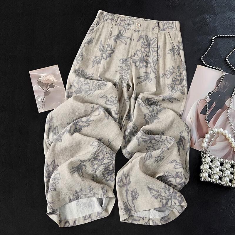 

Women s Chinese Style Printed Draped Wide-Leg Pants M