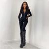 European and American Women's Solid Color Long Sleeved Zippered Waist Slimming Exercise Yoga Jumpsuit