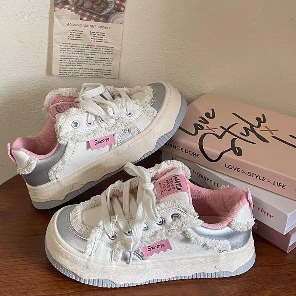 Fashion Color Match Platform Sneakers for Women 2024 New Designer PU Leather Raw Edge Sports Student Shoes Zapatos De Mujer