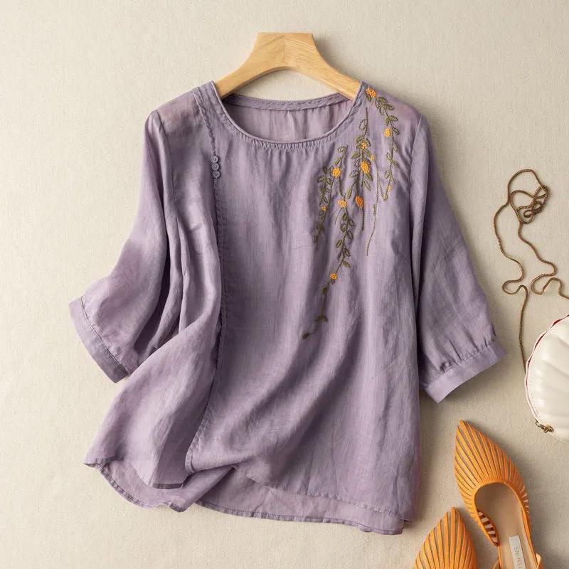 Cotton Short-sleeved Shirt Blouse Women Summer Retro Round Neck Loose Breathable Soft Fit Hemp T-shirt Tops