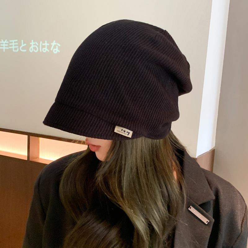 Autumn and Winter Hats Female Alphabet Mark Stacking Hat Big Head Circumference Solid Color Pullover Hat Tide