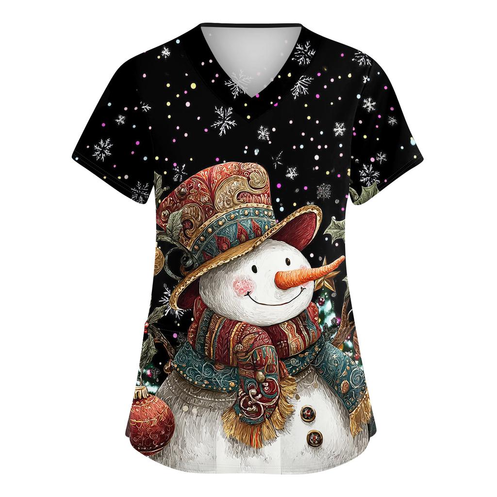 Women's Cute Bow Printed Work Clothes V-neck Double Layer Pockets Basic Short Sleeve Top Pullover