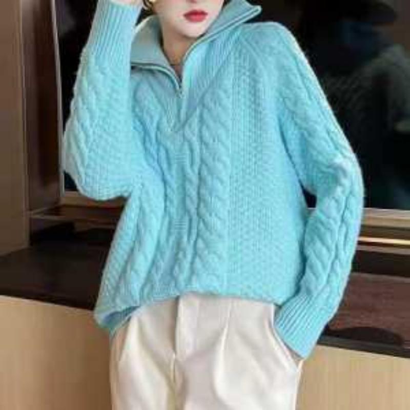 Women's Turtleneck Knitted Sweater Autumn Winter Korean Lazy Zipper Loose Pullover Top Thickened