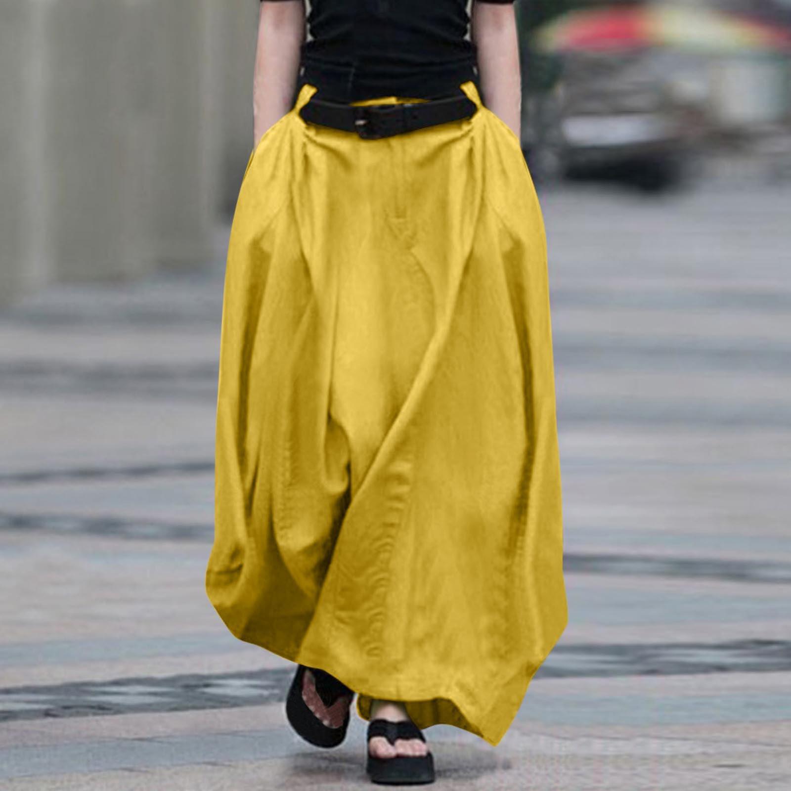 

Women s Fashion Color Button Pocket Large Swing Skirt A-line Skirt High Waist Half Length Skirt XL жовтий