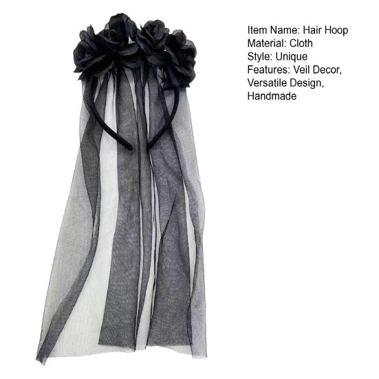 Halloween Devil Horn Hair Hoop Ox Horn Flower Veil Handmade Mesh Headband Party Cosplay Costume Accessory