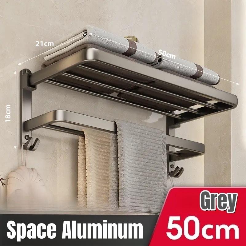 

Matte Black/Grey Towel Hanger with Double Towel Bars 50CM Folding Holder With Hook Towel Holder Wall Mount Aluminum Towel Rack