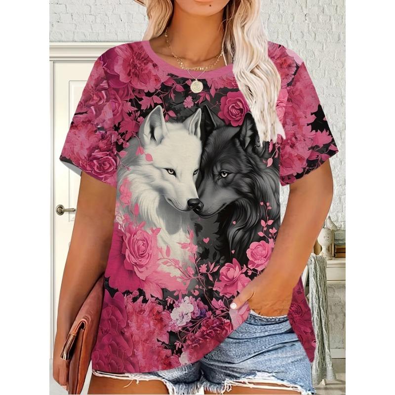Casual and comfortable black and white animal wolf pink women s round neck plus size short sleeved T-shirt S