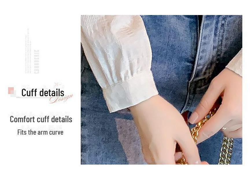 Spring & Autumn 2024 Women's Jacquard Cotton Shirt with Ruffled Collar - Fashionable & Versatile