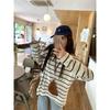Lazy round Neck Pullover Long Sleeves T-shirt Elegant Bottoming Shirt Women's Autumn Loose Easiest for Match Casual Contrast Color Stripes Tops