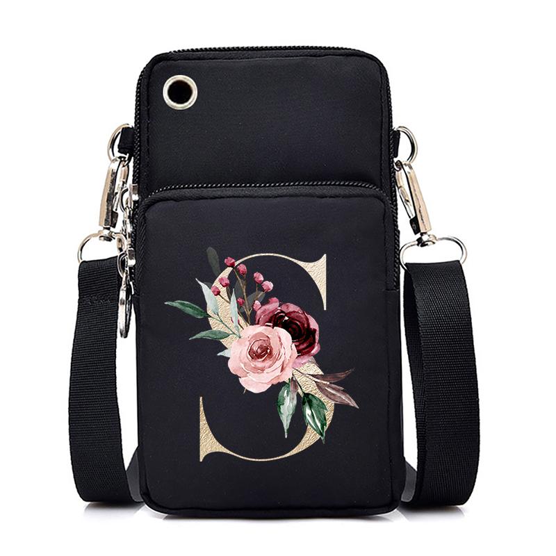 Gold Color Letters A B C D Mini Mobile Phone Bag Pink Flower Alphabet Vertical Handbag 26 Initials Flower Woman Purse Handbags