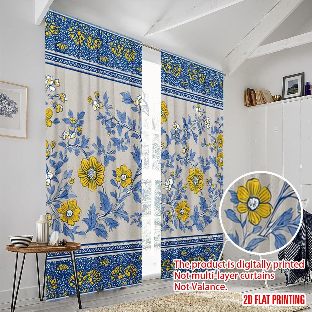 2 Stück, 2D-Flachdruck Lichtfilternde Vorhänge Blau Gelb Floral Streifen Vielseitig Langlebig Polyester (ohne Stange) Art Deco