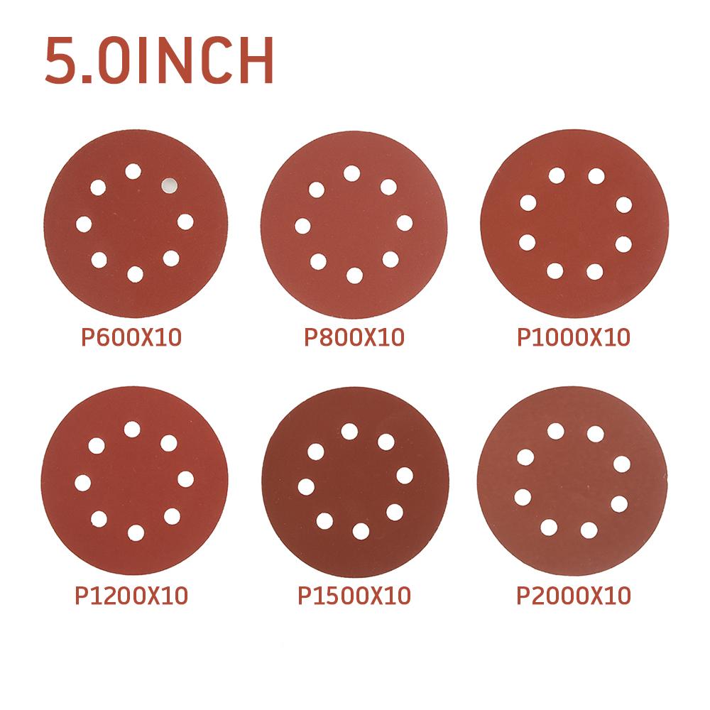 

60 шт. 5-дюймовые 8-отверстийные наждачные диски круглой формы для орбитальной шлифовальной машины зернистостью 60-2000 абразивные листы