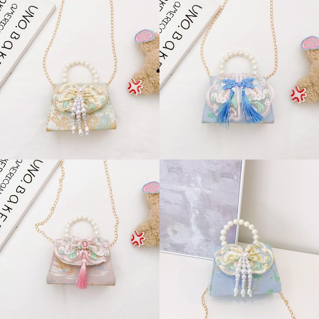 Lovely Geometric Patterned Shoulder Bag For Kids Featuring Chic Tassels And Elegant Pearls