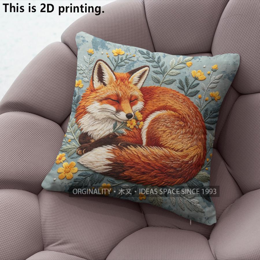Cute Embroidery Style Fox Floral Throw Pillow Covers Pattern Cushion Cover Suitable for Sofa Bedroom Car Pillow Cover