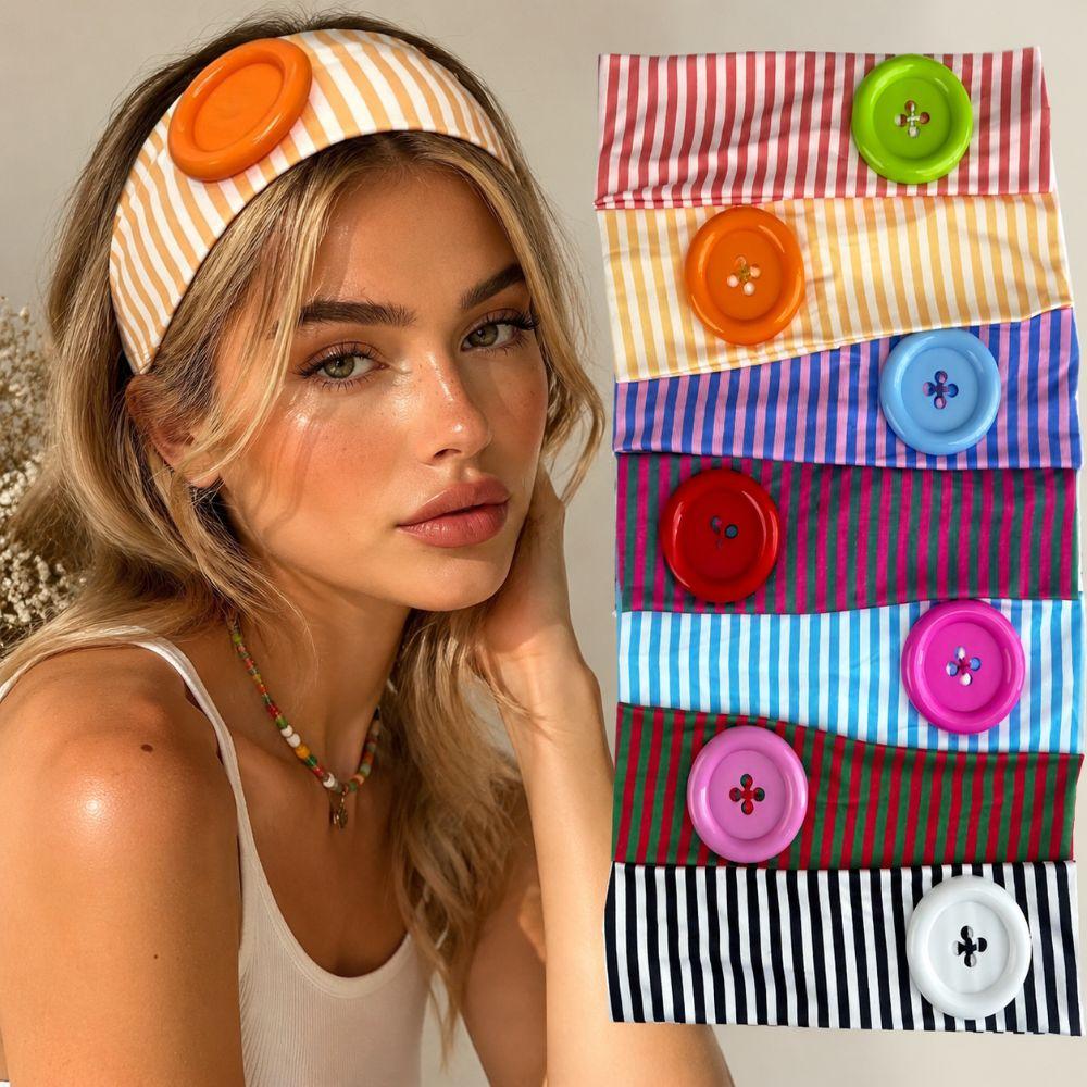 Striped Print Niche Headscarf Dopamine Summer Hairband Large Button Headband Lady Girls Headwear