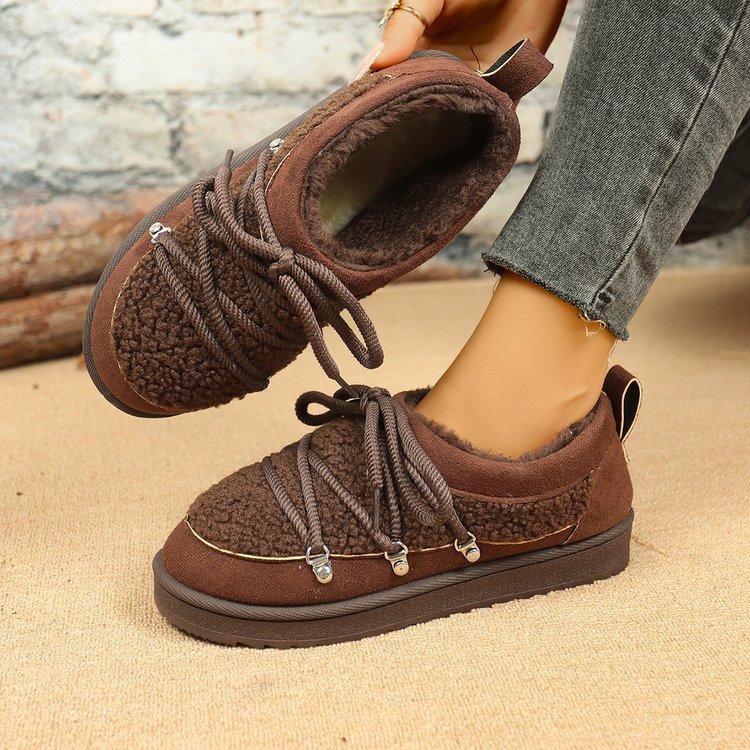 

Модные женские плюшевые зимние ботинки на толстой подошве, новый стиль, шнуровка, ретро, плюшевые теплые повседневные хлопковые ботинки, ботильоны для женщин 42 темно-коричневого