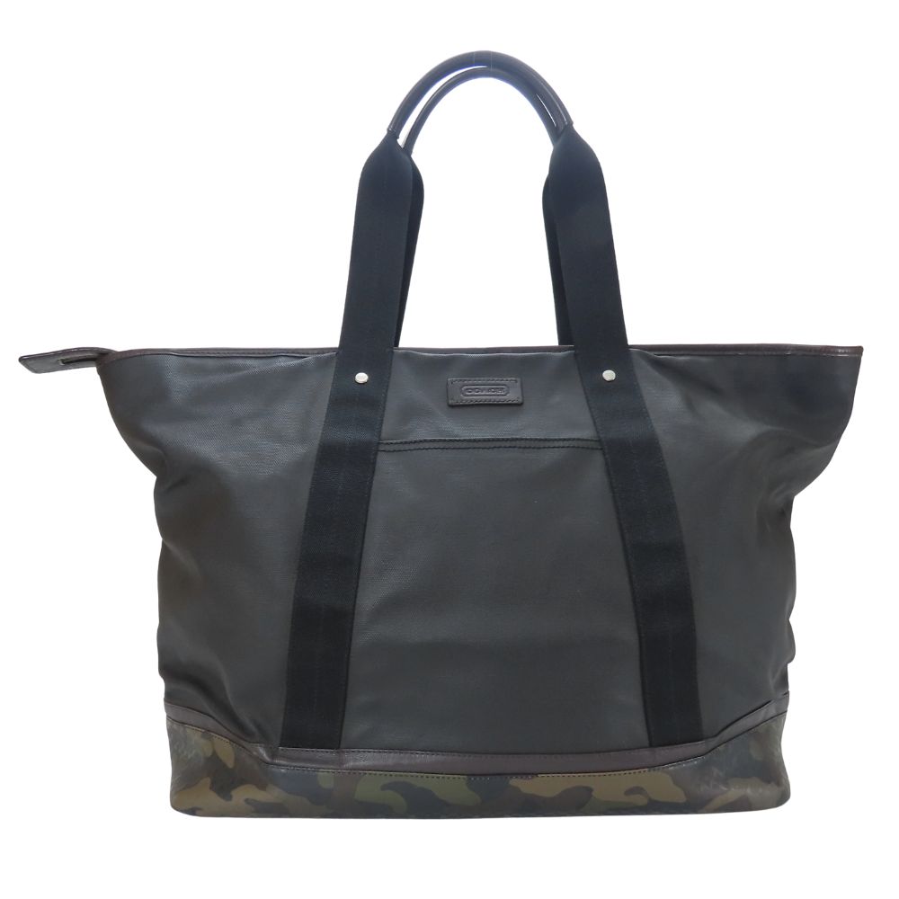 Used COACH Tote Bag Weekend Tote F70832 Signature PVC Coated Canvas Black Green System Camouflage