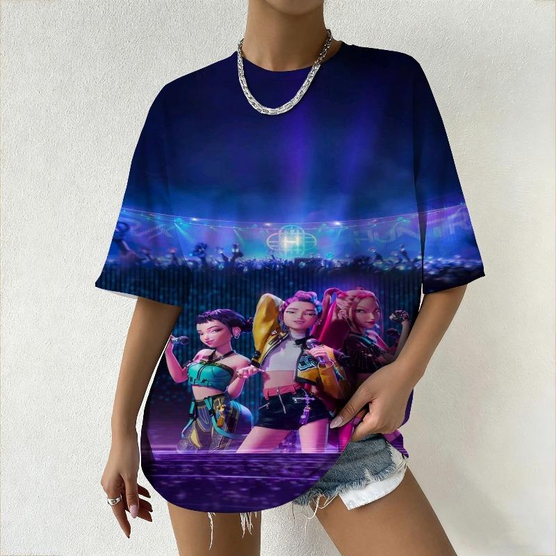 Women's Oversized T-Shirt with KPop Demon Hunters Animated Characters & Derpy Print T-shirt for Casual Daily Wear&K-pop Fans