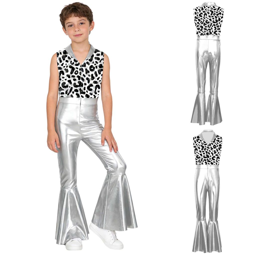 Kids Metallic Shiny Sleeveless Jumpsuit with Print Patchwork and Flared Pants for Boys Disco Halloween Party Outfit