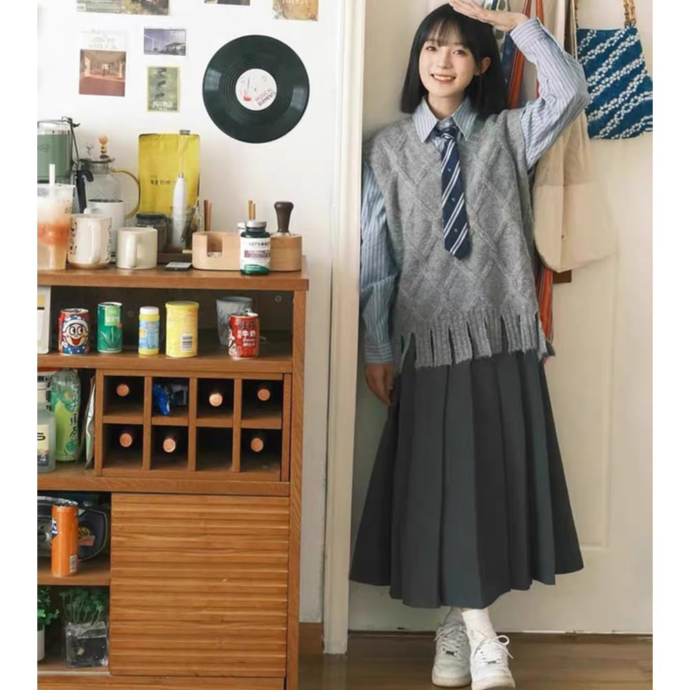 KANO SEIKA Pleated Long Skirt with Uniform Elastic High Loose Plus Sizes Simple Perfect for Everyday and Solid Size L Women's Belt, Skirt, Waist,