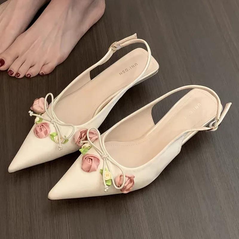 Fashion Pointed Toe Women Heeled Shoes Flower Elegant Slippers Summer Fashion Pumps Dress Woman Sandals 2025 Trend Cozy Female Zapatos