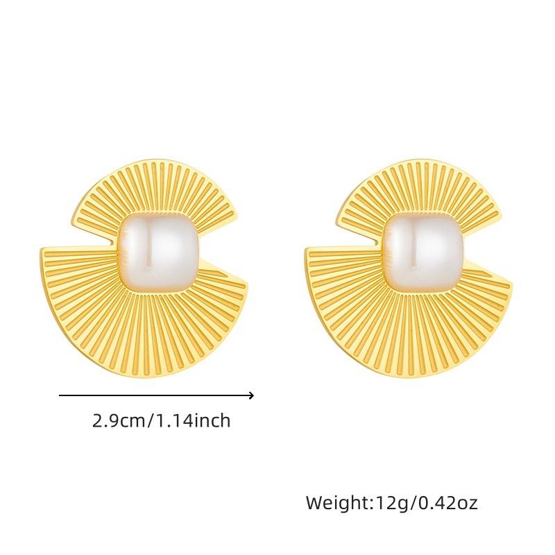 Gold Tone Sunburst Fan Shaped Stud Earrings with Square Pearl