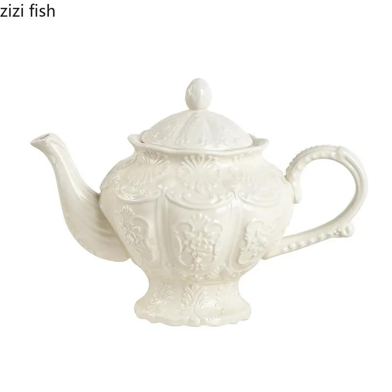 Ceramic Relief Teapot Afternoon Tea Cup Dish Set Household Dessert Plate Snack Plate High Leg Cake Plate Tea Set Household Goods