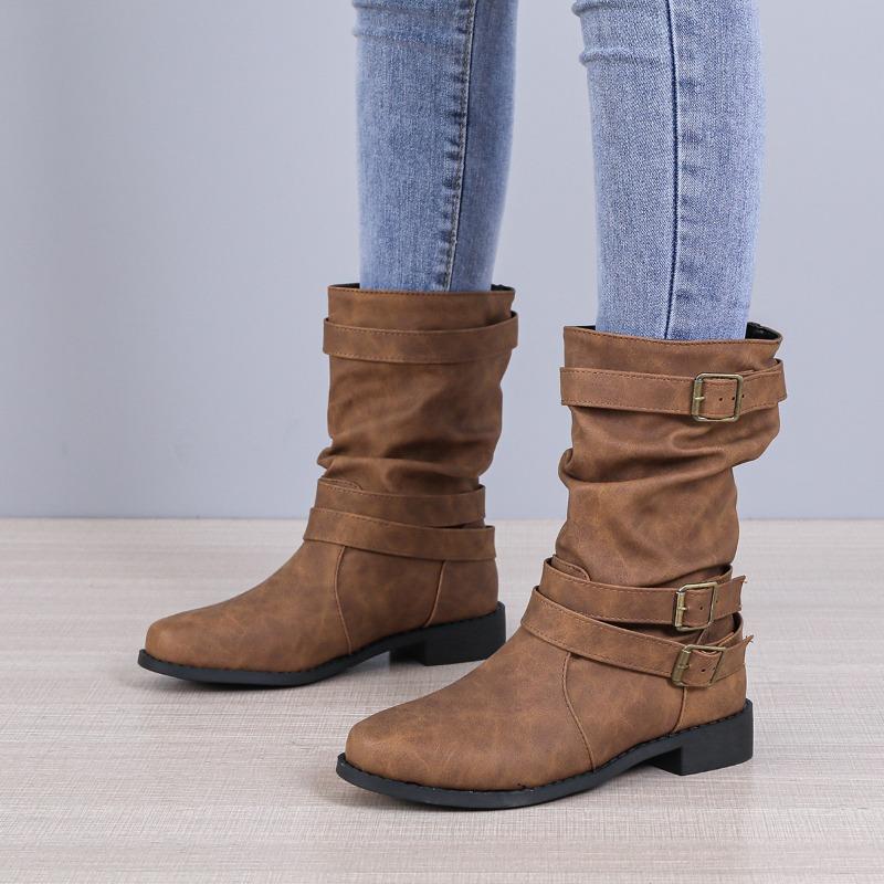 Bottines moyennes à semelle plate pour femmes, automne et hiver, nouvelles bottes de chevalier à boucle de ceinture, bout rond, grandes tailles pour femmes, bottes cigarette