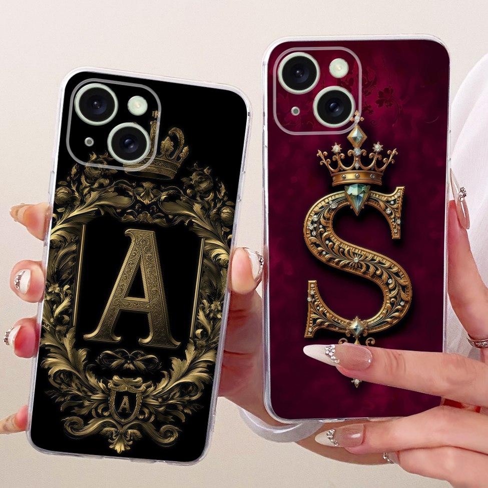 Transparent For iPhone 15 Case Cover Transparent Luxury Crown A-Z Letters 2D Flat Pattern Soft Casing A3092 A3090 A2846 A3089