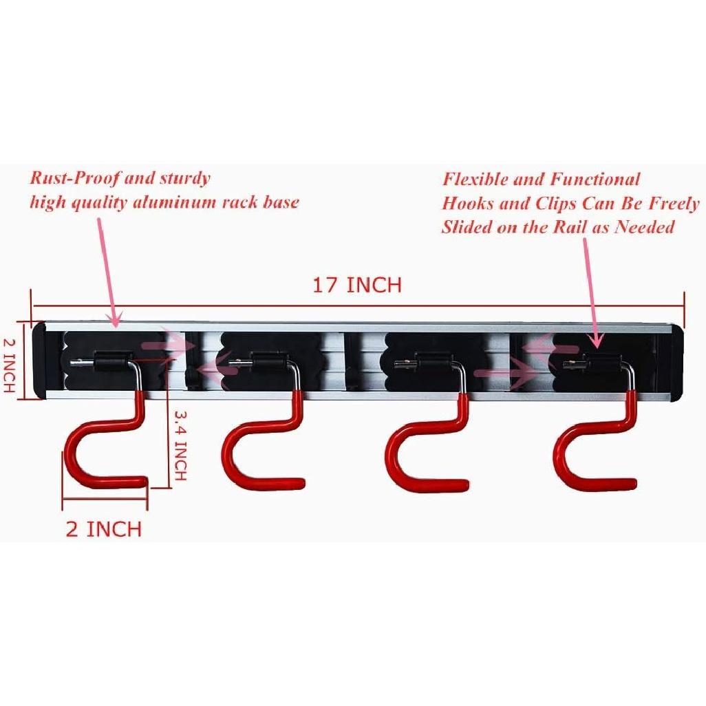 QBOSO Wall Mounted Mop and Broom Holder Stainless Steel S Type Broom Rack Anti-Slip Mop Organizer 17 Inches4 Positions 3 Hooks Red black 6360₽