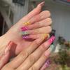 XXL Rainbow Wave Color Block Fake Nail Set - Extra Long, Removable, Youthful Fashion.