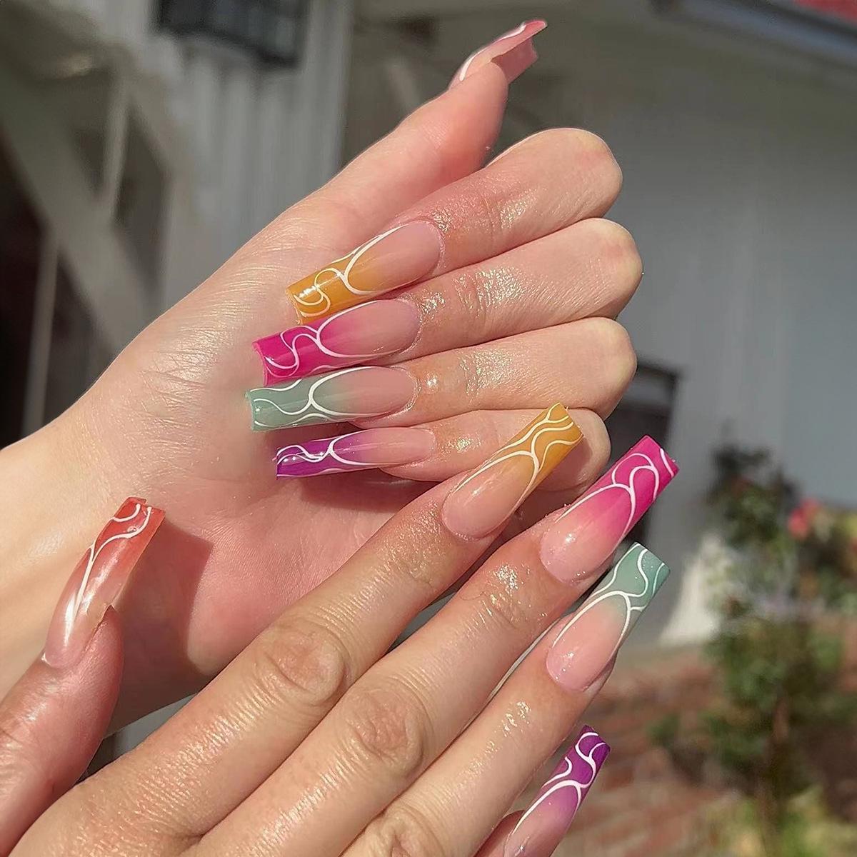 

XXL Rainbow Wave Color Block Fake Nail Set - Extra Long, Removable, Youthful Fashion.