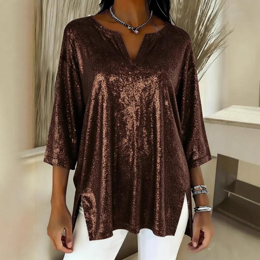 2025 Women's Shiny V-Neck Loose Split Sleeve Top