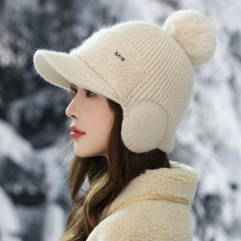 Knitted Wool Hat Women's Autumn and Winter Outdoor Cycling Windproof Hairball Hat Cold-proof Warm Fleece Ear Hat