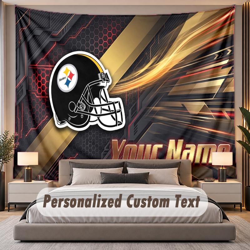 Custom Name Text Tapestry Pittsburgh Steelers Personalized Polyester Wall Tapestry For Bedroom And Room